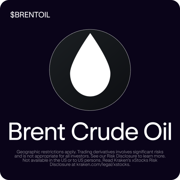 A promotional graphic for Kraken's new $BRENTOIL perpetual futures contract, featuring a black square with a white oil droplet icon and the title "Brent Crude Oil," accompanied by a risk disclaimer noting geographic restrictions and directing users to kraken.com/legal/xstocks. The visual serves as the announcement image for the launch post highlighting Kraken Pro's expanded futures offerings.