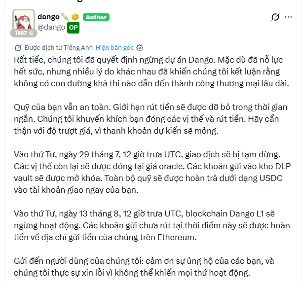 A tweet by dango (@dango) in Vietnamese announcing the shutdown of the Dango project, with trading pausing on July 29 and the L1 blockchain ceasing operations on August 13.