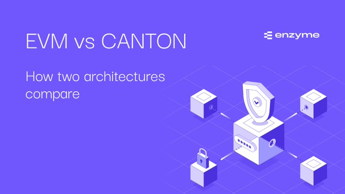 A purple promotional image titled 'EVM vs CANTON: How two architectures compare,' featuring the Enzyme logo and 3D isometric illustrations of cubes, a lock, and a shield.
