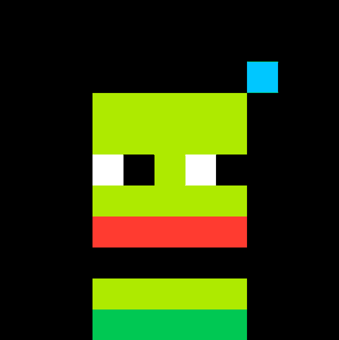 A pixel art character with a green square body, two black eyes, a red mouth, and a small blue antenna, associated with a post inviting users to join an Opepen group on networked.art/11x11/groups.