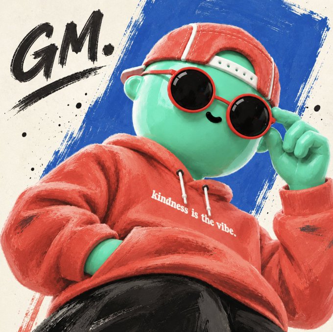 A 3D-rendered green character in a red hoodie with "kindness is the vibe." written on it and round red sunglasses, with a large "GM." text painted in the upper left against a blue and white background.