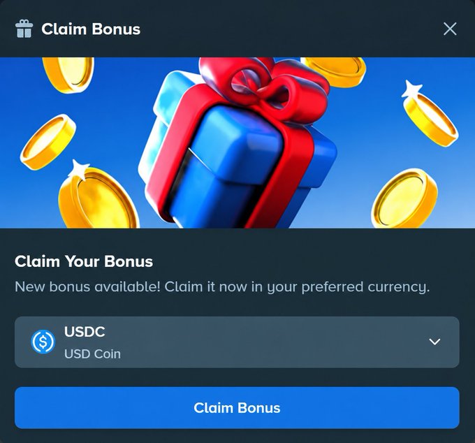 A "Claim Bonus" pop-up on Stake.com shows a blue gift box with a red bow and gold coins, prompting the user to claim a new bonus in USDC (USD Coin). The image ties to the post as a teaser, inviting followers to guess the value of the monthly bonus to win tips.