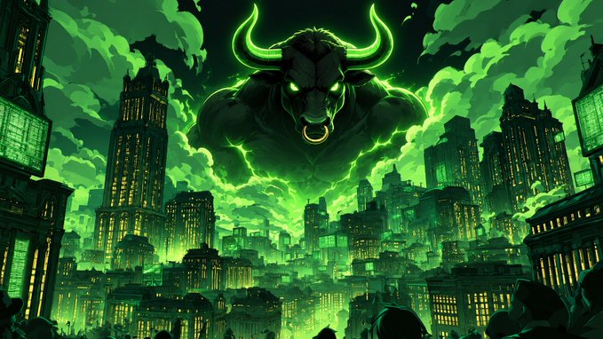 A massive glowing green bull looms over a stylized city skyline at night, symbolizing bullish financial power and market dominance.

The image ties into the post's message of confident profit-making and dismissing critics, with the bull representing unstoppable wealth accumulation in the crypto market—reinforcing the call to send $ANSEM as the bull towers over the city like a money-printing force.