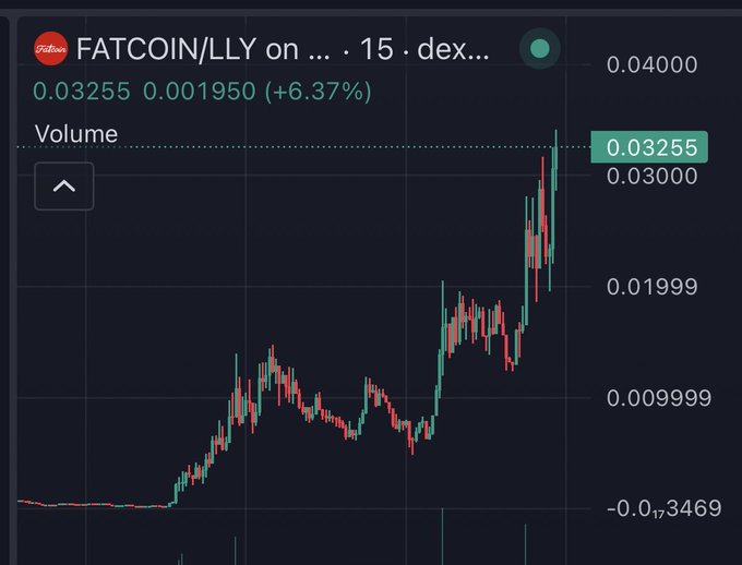 A candlestick chart shows FATCOIN/LLYY trading on a DEX, currently priced at 0.03255, up 6.37% (+0.001950), with a steep recent rally from around 0.01 to 0.03+ — visualizing the FOMO-fueled regret behind the caption "Oh fuck! You don't own enough $FATCOIN."