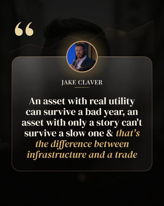 A quote graphic featuring a portrait of Jake Claver, reading: 'An asset with real utility can survive a bad year, an asset with only a story can't survive a slow one & that's the difference between infrastructure and a trade.'