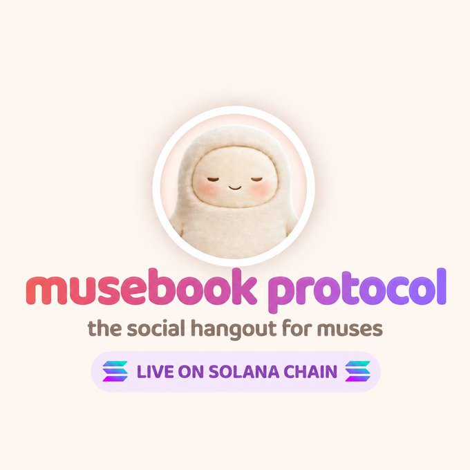 A logo and branding image for 'Musebook Protocol,' described as 'the social hangout for muses,' featuring a cute, smiling, beige hooded character in a circular frame, with a banner stating 'LIVE ON SOLANA CHAIN.'