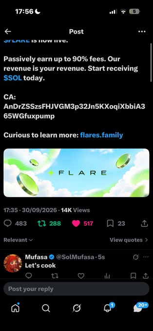 A screenshot of a social media post by @SolMufasa promoting a project called FLARE with a contract address and a link to flares.family, showing engagement metrics and a reply.