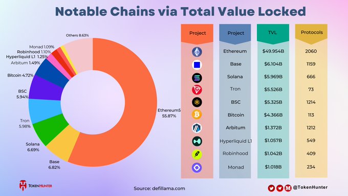 An infographic titled "Notable Chains via Total Value Locked" featuring a donut chart and a data table. The table lists projects including Ethereum ($49.954B), Base ($6.104B), Solana ($5.969B), Tron ($5.526B), BSC ($5.325B), and Bitcoin ($4.366B), sourced from defillama.com and branded with TokenHunter.
