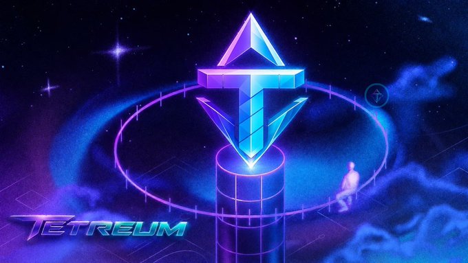 A digital artwork showcases the 'TETREUM' cryptocurrency logo, featuring a glowing cyan and purple Ethereum-style diamond symbol on a pedestal against a cosmic starry background.