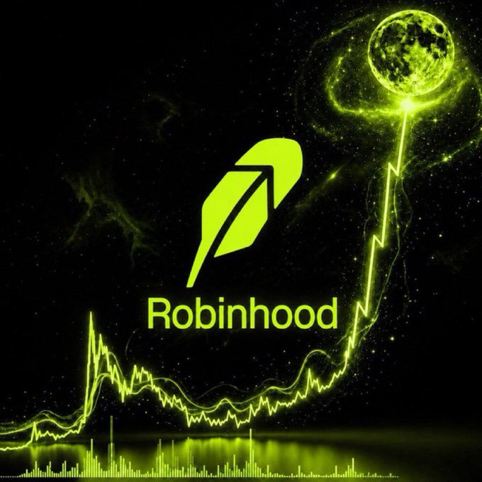 A stylized graphic showing the 'Robinhood' logo above a stock chart line with a glowing green moon.