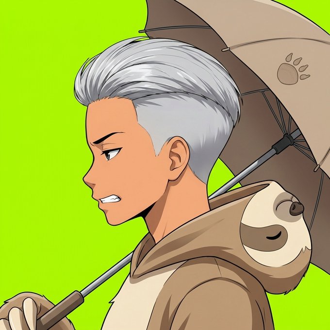 An anime-style illustration depicts a character with silver hair holding a paw-print umbrella, with a sloth resting on their hood against a green background.