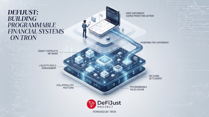 An infographic titled "DeFiJust: Building Programmable Financial Systems on Tron," showing a layered tech platform with various labeled components.