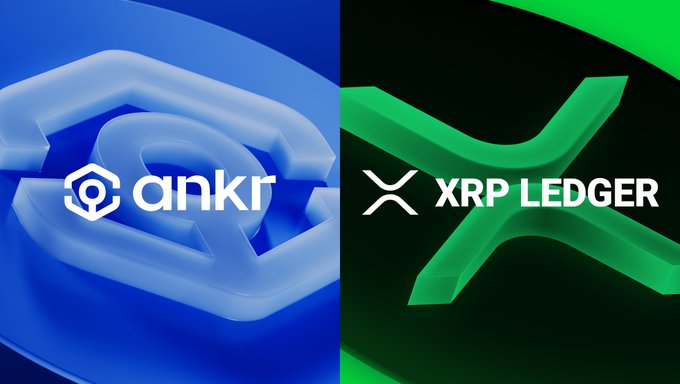 Split-screen graphic featuring the Ankr logo on a blue background alongside the XRP Ledger (XRPL) logo on a green background, illustrating Ankr's partnership with the XRPL Foundation to power RPC services for XRP Ledger.