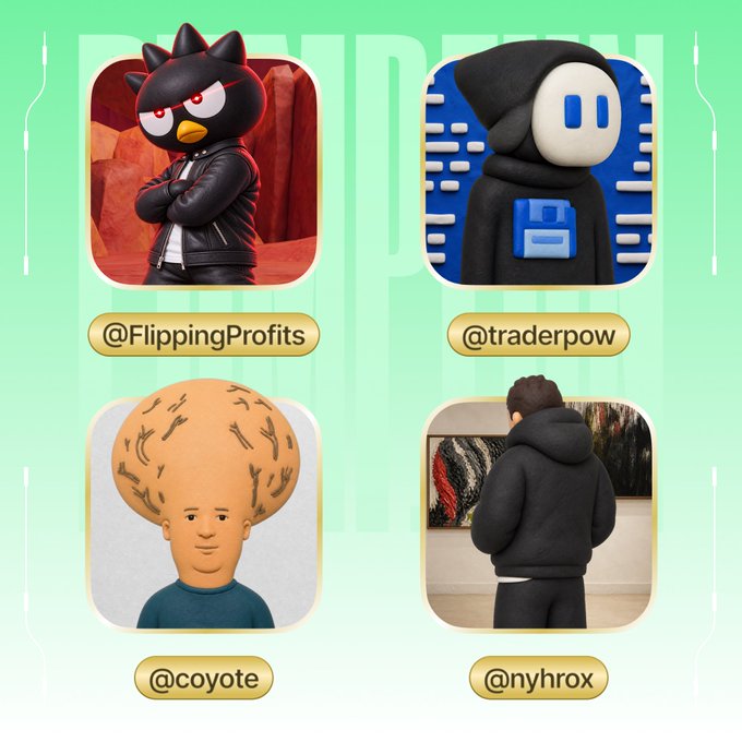 Four stylized 3D avatar characters are displayed in a 2x2 grid, each with their usernames labeled: @FlippingProfits (a black penguin in a leather jacket), @traderpow (a hooded figure with a white mask), @coyote (a figure with a distinctive egg-shaped head), and @nyhrox (a figure viewed from behind in a black hoodie), promoting these accounts as notable "goats" on Pumpfun.