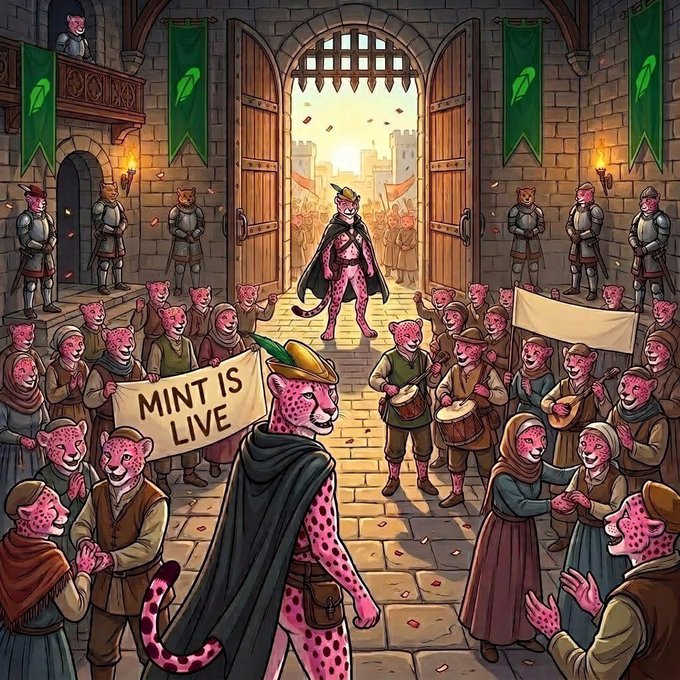 An illustrated medieval scene showing anthropomorphic pink cheetah/leopard characters in a castle courtyard, with guards, drummers, and banners; one character holds a 'MINT IS LIVE' sign while another stands in the castle doorway.