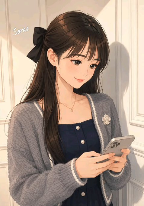 Anime-style illustration of a smiling girl named 'Sorae' with long dark hair tied with a black bow, wearing a gray knit cardigan over a dark blue dress and looking at her smartphone.