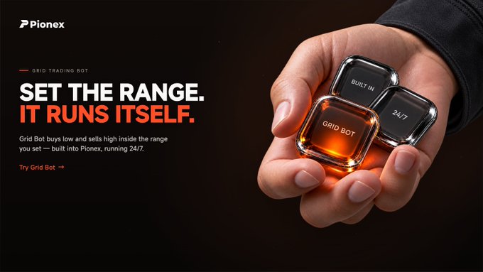 A hand holds three glowing glass-like cubes labeled "GRID BOT," "BUILT-IN," and "24/7" alongside a Pionex advertisement with the headline "SET THE RANGE. IT RUNS ITSELF." promoting their automated Grid Trading Bot that buys low and sells high within a user-defined range, built directly into the Pionex platform.