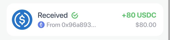 A transaction receipt showing 'Received +80 USDC ($80.00)' from address 0x96a893...
