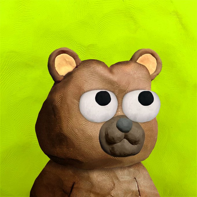 A claymation-style brown bear character with large googly eyes is set against a bright lime green background.