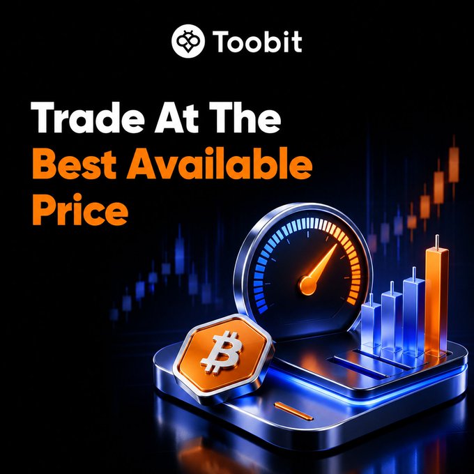 A promotional image for Toobit featuring the tagline "Trade At The Best Available Price" alongside a 3D-rendered speedometer and Bitcoin symbol, visually emphasizing the speed and precision of Futures BBO order placement mentioned in the post.