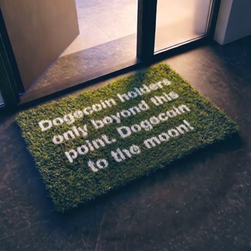 A humorous doormat with white text on artificial green grass reading 'Dogecoin holders only beyond this point. Dogecoin to the moon!'.