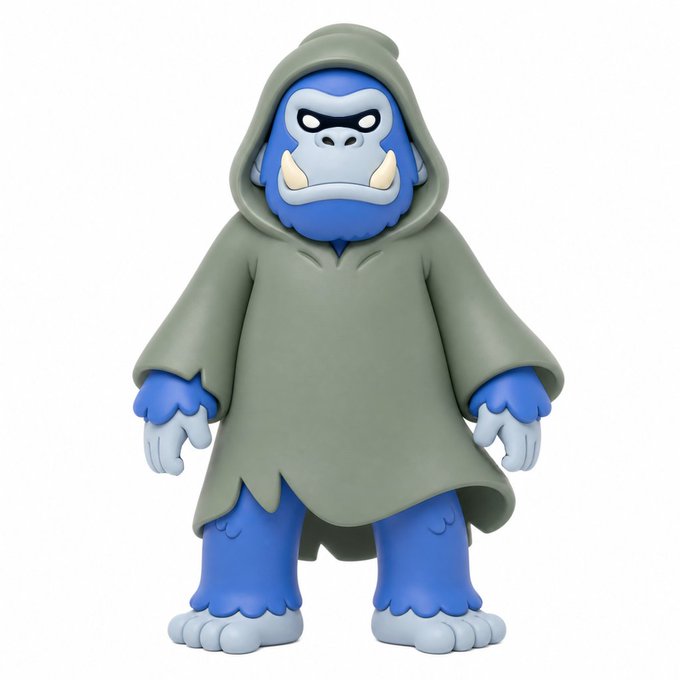 A 3D-rendered figurine of a blue, furry gorilla-like creature with a stern, fanged expression, wearing a ragged gray hooded cloak.