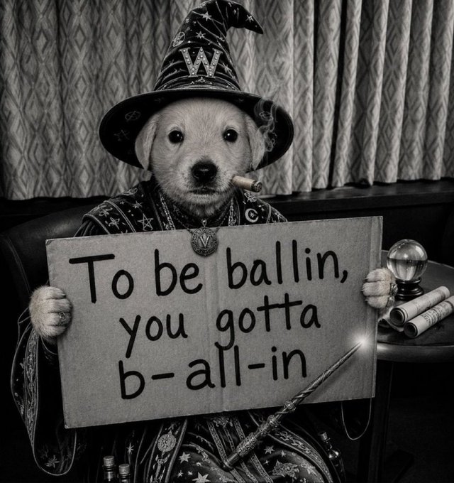 A black-and-white image of a puppy dressed as a wizard wearing a starry hat and robe, holding a sign reading 'To be ballin, you gotta b-all-in' while smoking a cigar.