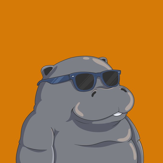 A cartoon gray ape wearing blue sunglasses smiles against a vibrant orange background, matching the NFT profile picture of @DENGSonApe being celebrated on the Deng Exchange day.