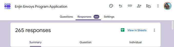 Google Forms interface showing the 'Enjin Envoys Program Application' form with 265 responses, displaying tabs for Questions, Responses, and Settings.