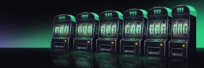 An illustration of six slot machines with "777" symbols and question marks on top, set against a green and dark gradient background.