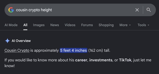 A Google search for "cousin crypto height" returns an AI Overview stating "Cousin Crypto is approximately 5 feet 4 inches (162 cm) tall," followed by an offer to share more about his career, investments, or TikTok—prompting the response "We know," implying his height is common knowledge among his followers.