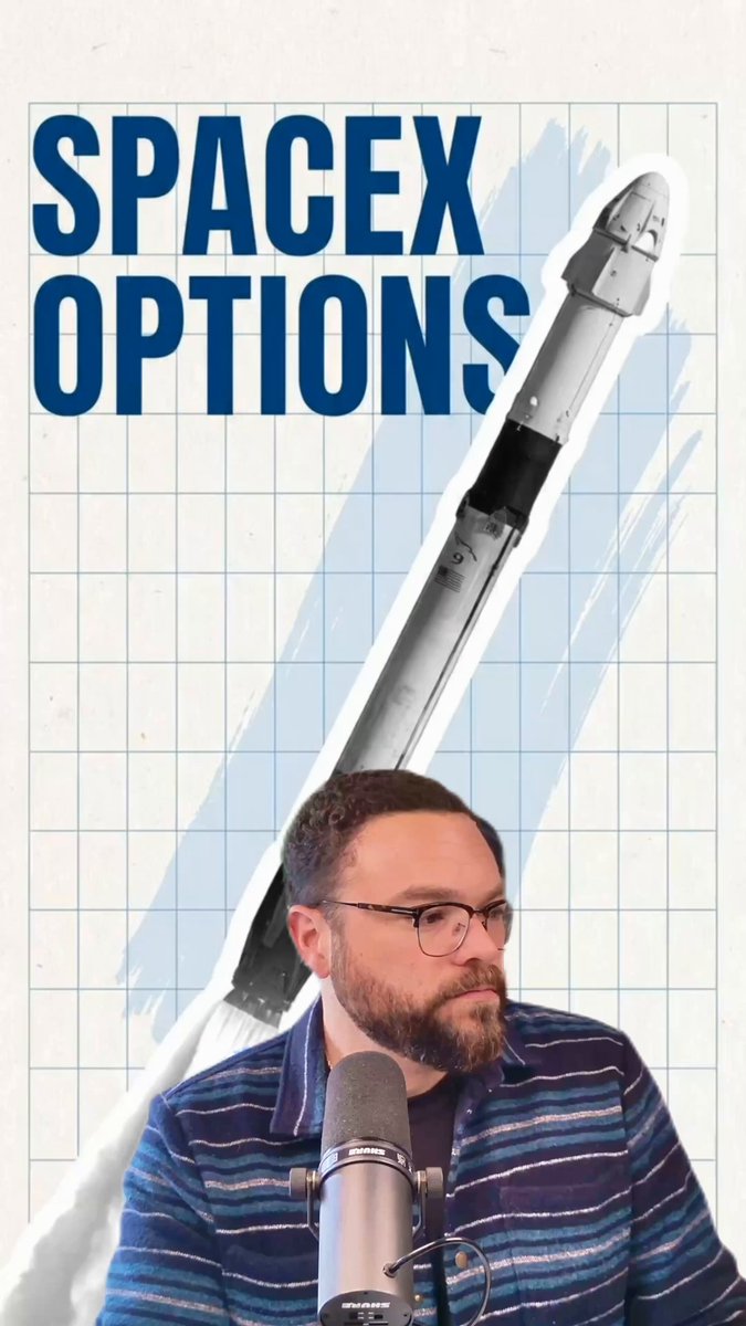 The image features a man wearing glasses and a striped shirt standing next to a microphone with a large rocket ship behind him, which has the words "SpaceX Options" written above it. The background of the image shows a grid pattern with the word "SpaceX" written in blue at the top left corner and the word "Options" written in white at the bottom right corner.