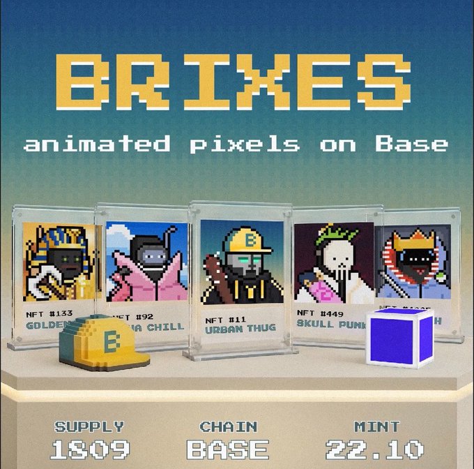Promotional artwork for the BRIXES NFT whitelist giveaway, featuring pixel-art collectible characters on Base and text reading “animated pixels on Base,” “SUPPLY 1809,” “CHAIN BASE,” and “MINT 22.10.” The image supports the post by previewing BRIXES’ animated pixel-art NFT collection and mint details.