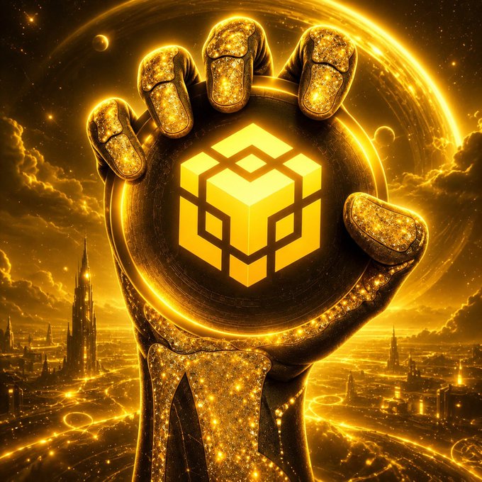 A glowing golden hand grips a medallion emblazoned with the BNB (Binance Coin) logo, symbolizing steadfast support and long-term conviction in the cryptocurrency. The radiant, treasure-like imagery reinforces the post's message that "the strongest hands are still holding BNB," portraying holders as powerful guardians of the asset.