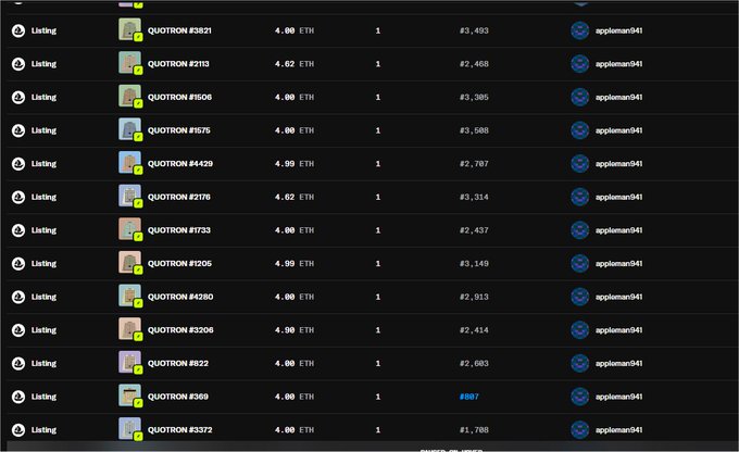 A screenshot of a digital marketplace listing multiple QUOTRON items priced in ETH, all by the seller 'appleman041' with prices ranging from approximately 4.00 to 4.99 ETH.