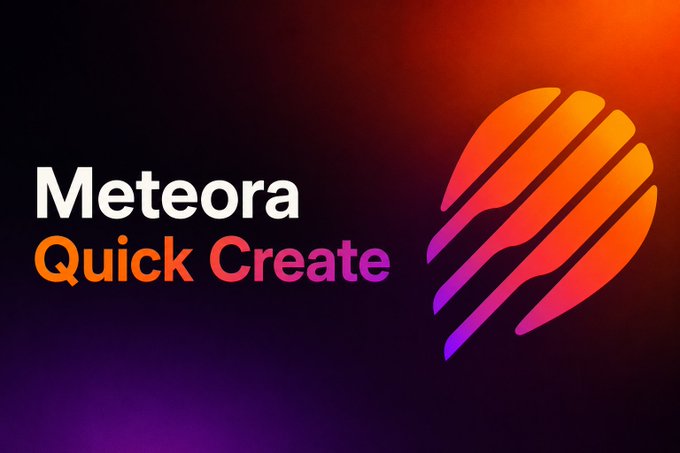 A promotional graphic with a black and orange gradient background featuring a stylized comet or sphere logo on the right, and white and orange-pink gradient text reading 'Meteora Quick Create' on the left.