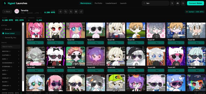A digital marketplace interface displays the "Tenshis" NFT collection page on Hyped Launches, showing a grid of colorful anime-style character avatars with stats including 0.180 $HYPE price, 891 total volume, and 4,444 supply, with 2,221 marked as cached and ready to browse.