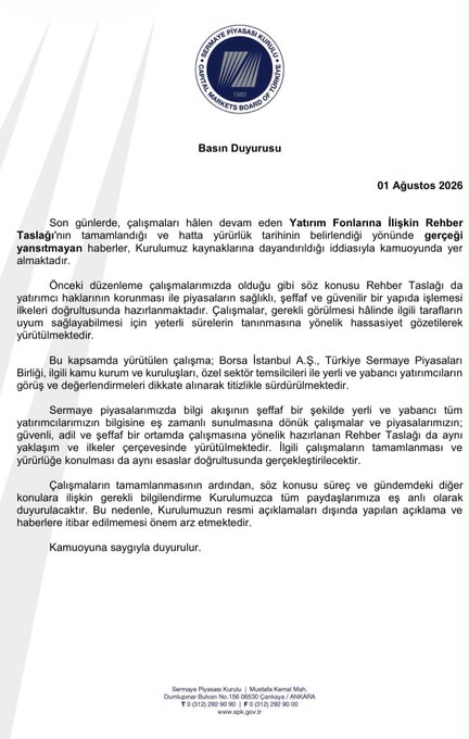 The image shows an official press release ("Basın Duyurusu") dated August 1, 2026, from Sermaye Piyasası Kurulu (SPK), the Turkish Capital Markets Board, regarding authorization for public offerings ("Halka Arz"). The document explains that the SPK has partially approved a public offering application while requesting additional information and documents before finalizing its assessment. This relates to the accompanying post about SPK's recent statements and their implications for TERA, indicating ongoing developments in a public offering process.