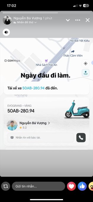 A screenshot of a Vietnamese ride-hailing app showing a completed trip with driver 'Nguyễn Bá Vương' and vehicle 'EVOGRAND - VÀNG 50AB-280.94', with text 'Ngày đầu đi làm.' (First day at work).