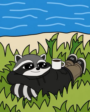 A cartoon raccoon lounges on grass by a beach holding a coffee mug, while a second smaller raccoon peeks out from behind it in a black hoodie—capturing the meme's joke about the "regular guy" $rocco vibe alongside his sidekick.