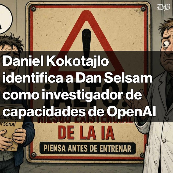 Cartoon illustration with a warning sign 'ALTO! RIESGO EXISTENCIAL DE LA IA PIENSA ANTES DE ENTRENAR' overlaid with Spanish text 'Daniel Kokotajlo identifica a Dan Selsam como investigador de capacidades de OpenAI.'