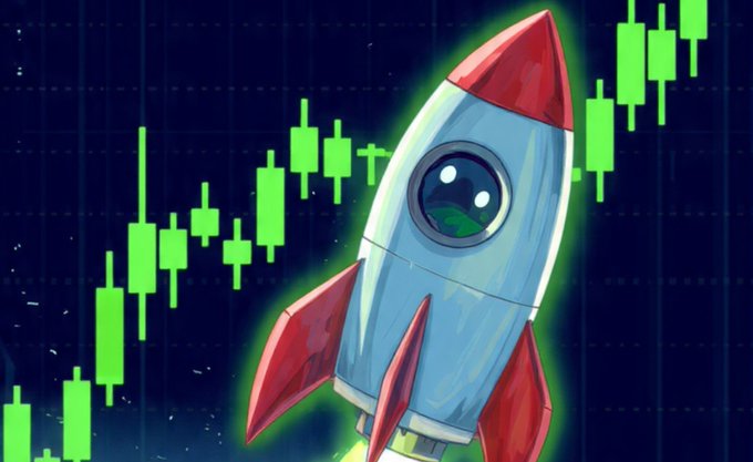 A cartoon rocket with a porthole window takes off against a dark blue starry background, overlaid with bright green candlestick chart patterns trending upward.