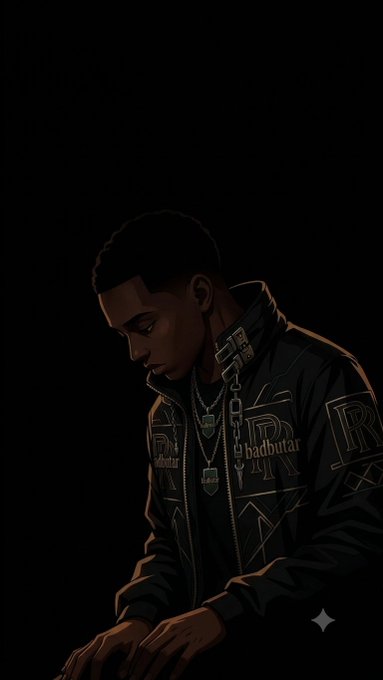 A dark digital illustration of a figure in a black jacket with 'badbuntar' and 'PXP' text, wearing multiple silver chain necklaces, looking downward in shadow.