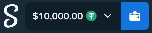 A digital interface displaying a large letter 'S', a transaction amount of '$10,000.00', a green USDT logo, and a blue withdrawal button with a download icon.