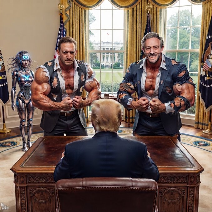 A satirical AI-generated scene set in the Oval Office shows two muscular men in torn suits flexing their biceps while standing behind the Resolute Desk, facing a seated figure, with a female cyborg visible in the background.