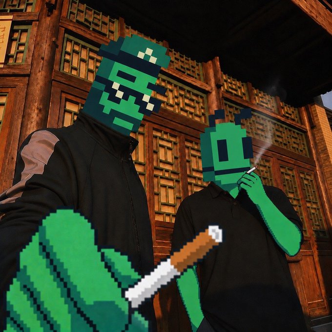 Two people wearing pixelated green masks and outfits, one smoking a cigarette and the other holding a syringe, posed in front of traditional wooden lattice doors.