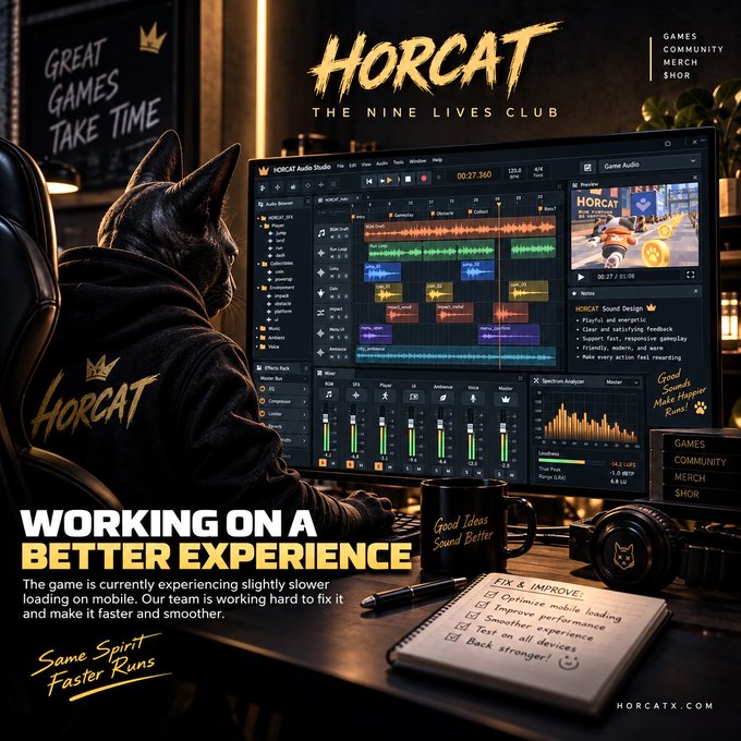 A promotional graphic for 'HORCAT - The Nine Lives Club' featuring a black cat in a hoodie working on audio design software, with text reading 'WORKING ON A BETTER EXPERIENCE' and 'Same Spirit, Faster Runs.'