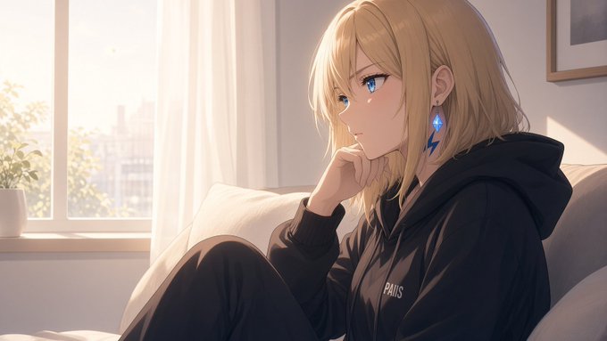 An anime-style illustration of a blonde-haired character with blue eyes wearing a black hoodie that says 'PARIS', sitting thoughtfully by a window with sunlight streaming in.