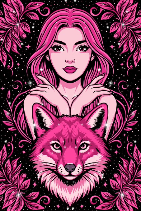 A stylized pink and black illustration of a woman with flowing hair above a pink fox, surrounded by decorative leaves and stars.