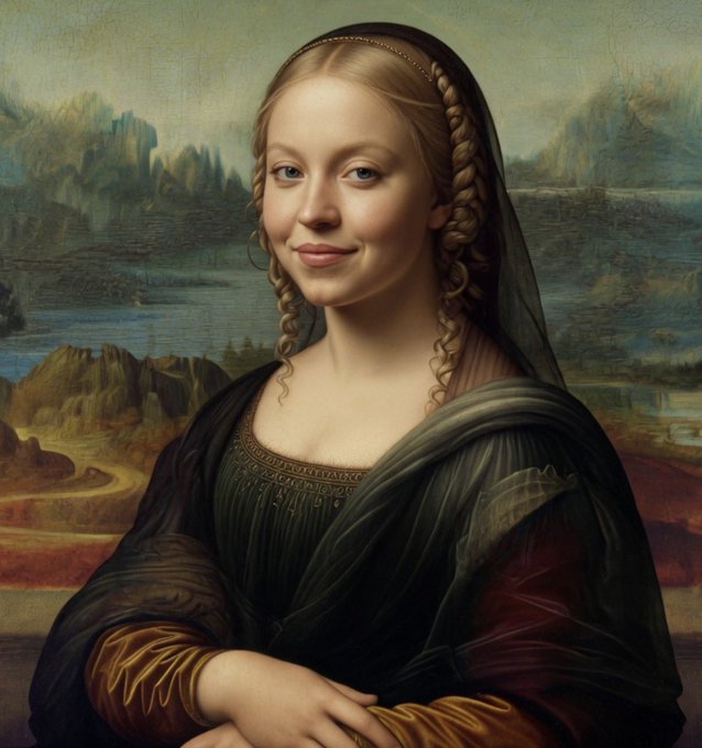 A Renaissance-style painting portrait of a smiling young woman with braided hair and a dark veil, set against a misty landscape background reminiscent of the Mona Lisa.